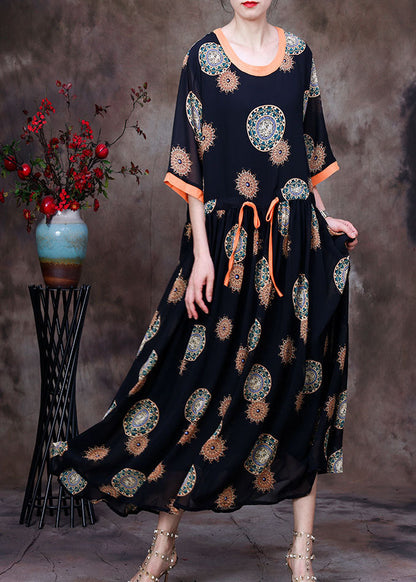 Black O-neck Drawstring Patchwork Print Chiffon Long Dress Half Sleeve