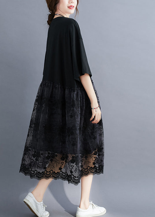 Black O-neck Lace Patchwork Cotton Holiday Dress Half Sleeve