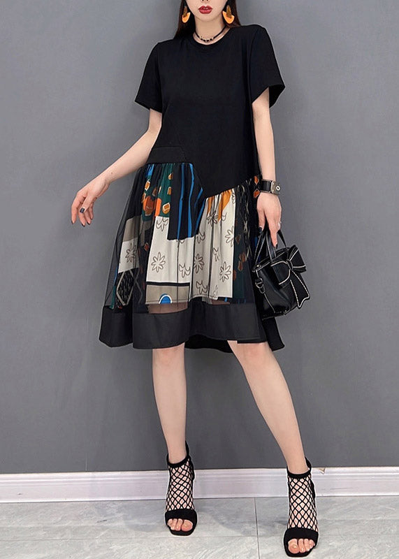 Black O-neck Patchwork Tulle Mid Dresses Short Sleeve