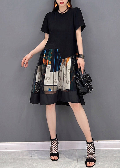 Black O-neck Patchwork Tulle Mid Dresses Short Sleeve