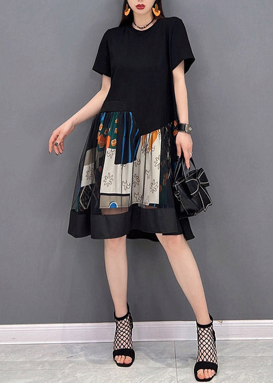 Black O-neck Patchwork Tulle Mid Dresses Short Sleeve