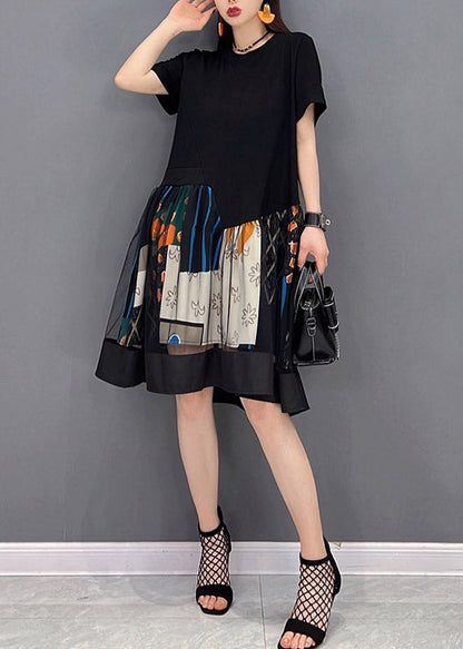Black O-neck Patchwork Tulle Mid Dresses Short Sleeve