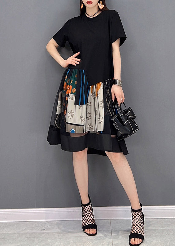Black O-neck Patchwork Tulle Mid Dresses Short Sleeve