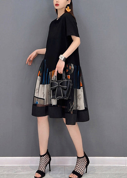 Black O-neck Patchwork Tulle Mid Dresses Short Sleeve