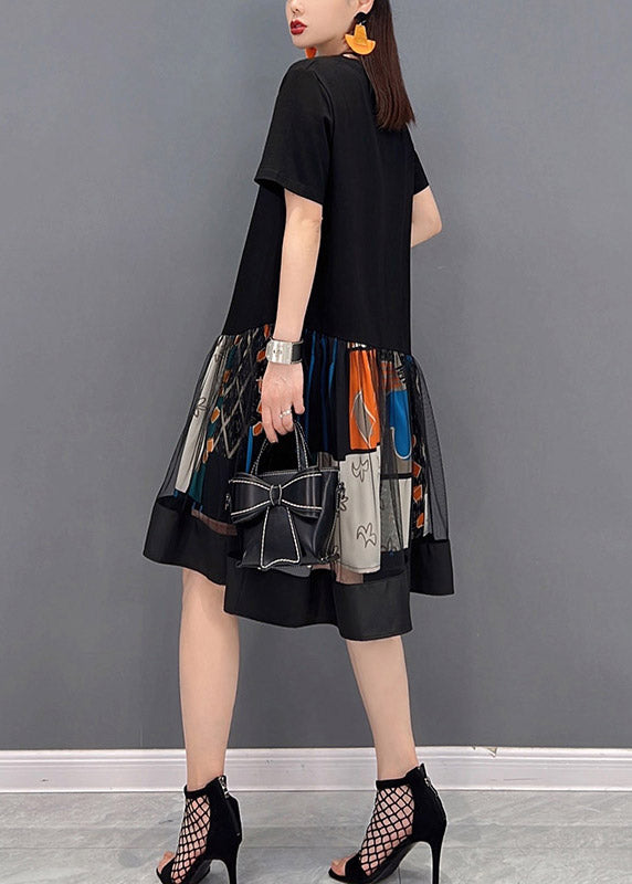 Black O-neck Patchwork Tulle Mid Dresses Short Sleeve