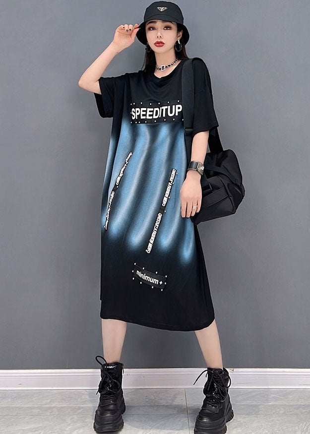 Black O-neck Print Cotton Dress Short Sleeve