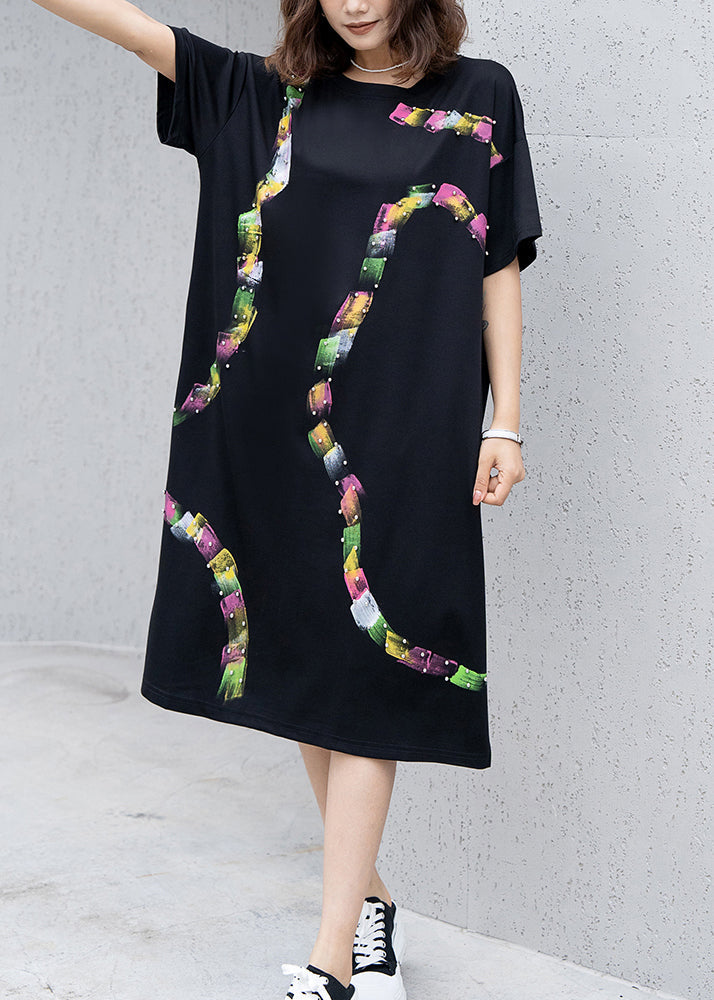 Black O Neck Print Nail Bead Cotton Dress Summer