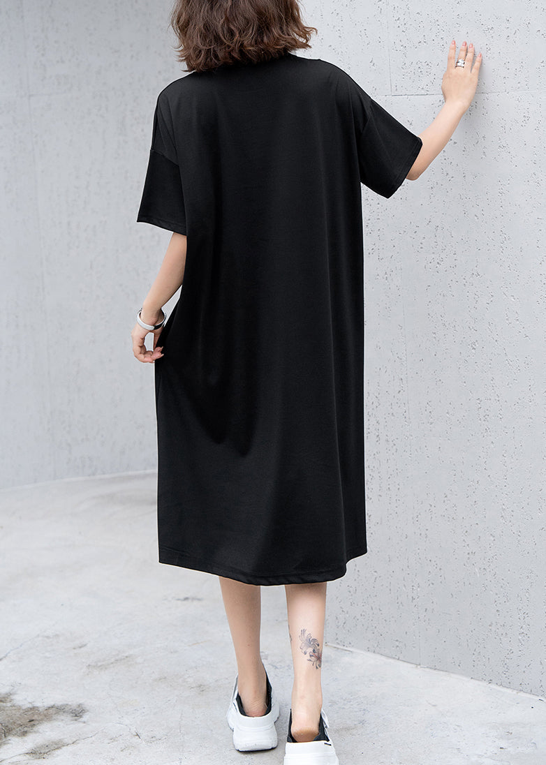 Black O Neck Print Nail Bead Cotton Dress Summer