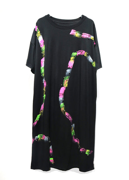 Black O Neck Print Nail Bead Cotton Dress Summer