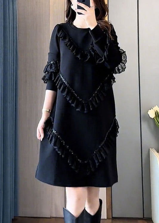 Black O-neck Ruffled Patchwork Mid Dress Fall