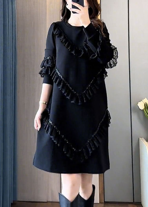 Black O-neck Ruffled Patchwork Mid Dress Fall