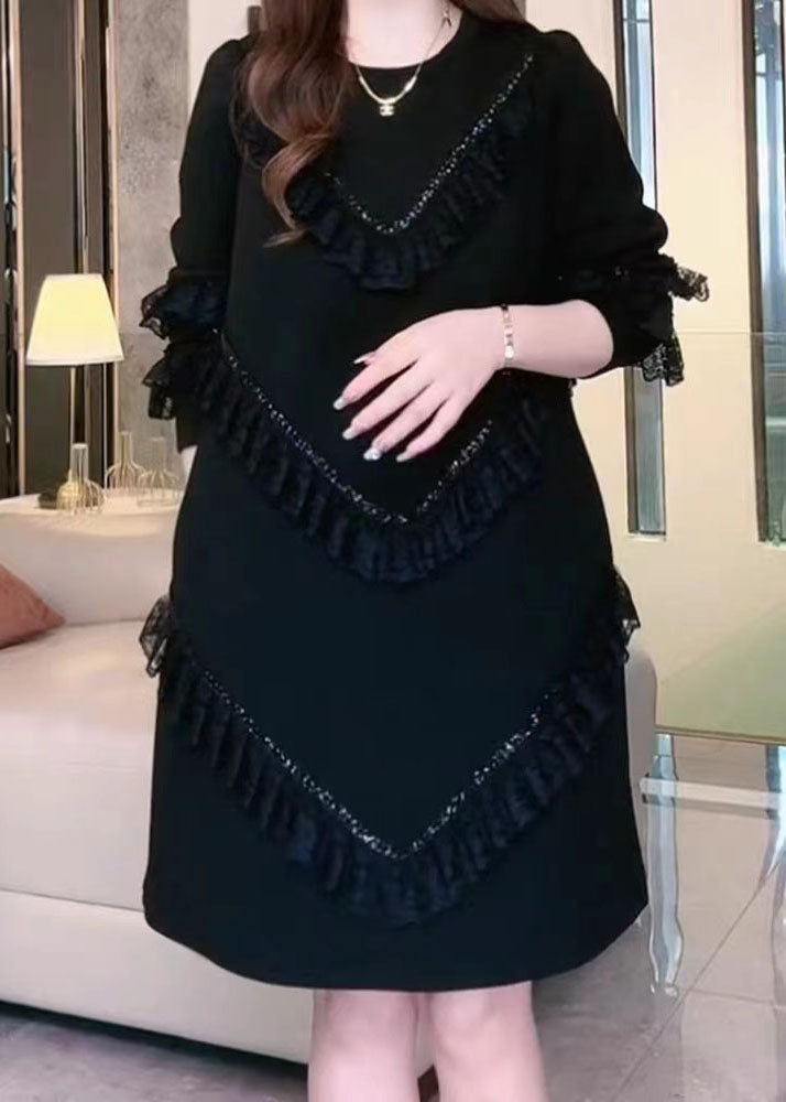 Black O-neck Ruffled Patchwork Mid Dress Fall