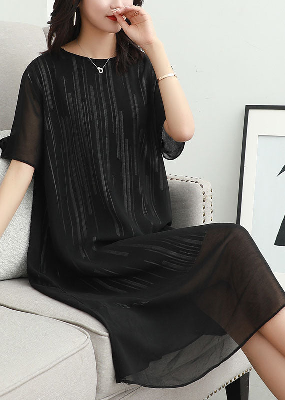 Black O Neck Striped Patchwork Chiffon Dress Summer