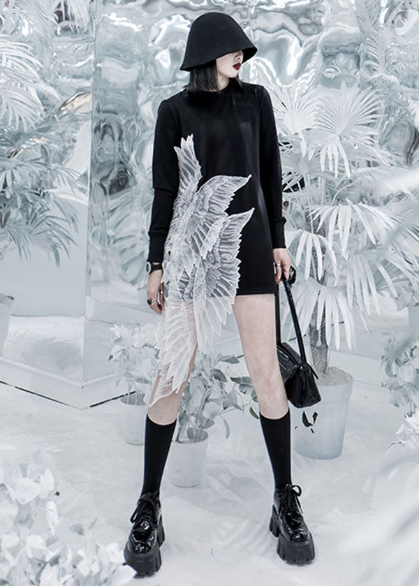 Black O-neck Wing Embroideried Tulle Patchwork Cotton Mini Dress Long Sleeve