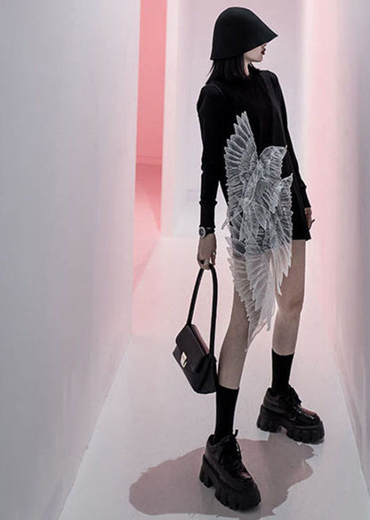 Black O-neck Wing Embroideried Tulle Patchwork Cotton Mini Dress Long Sleeve