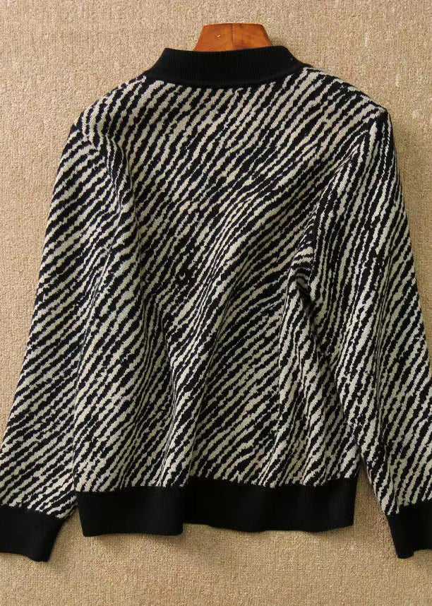Black O-neck Zippered Striped Knit Coat Long Sleeve