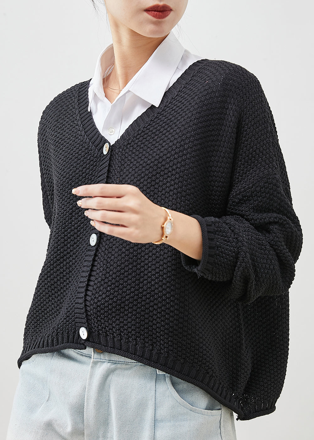 Black Oversized Button Knit Coat Spring