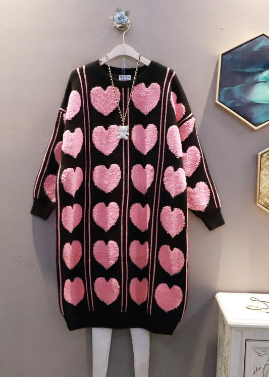 Black Oversized Loving Heart Jacquard Long Knit Dress Winter