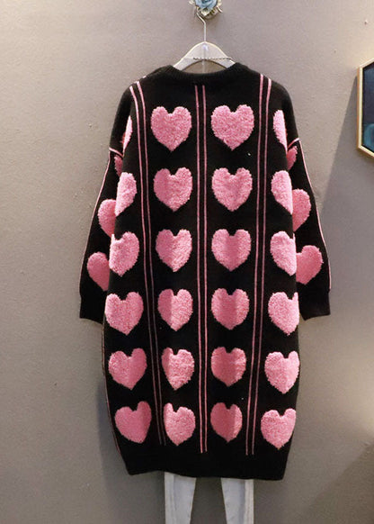 Black Oversized Loving Heart Jacquard Long Knit Dress Winter