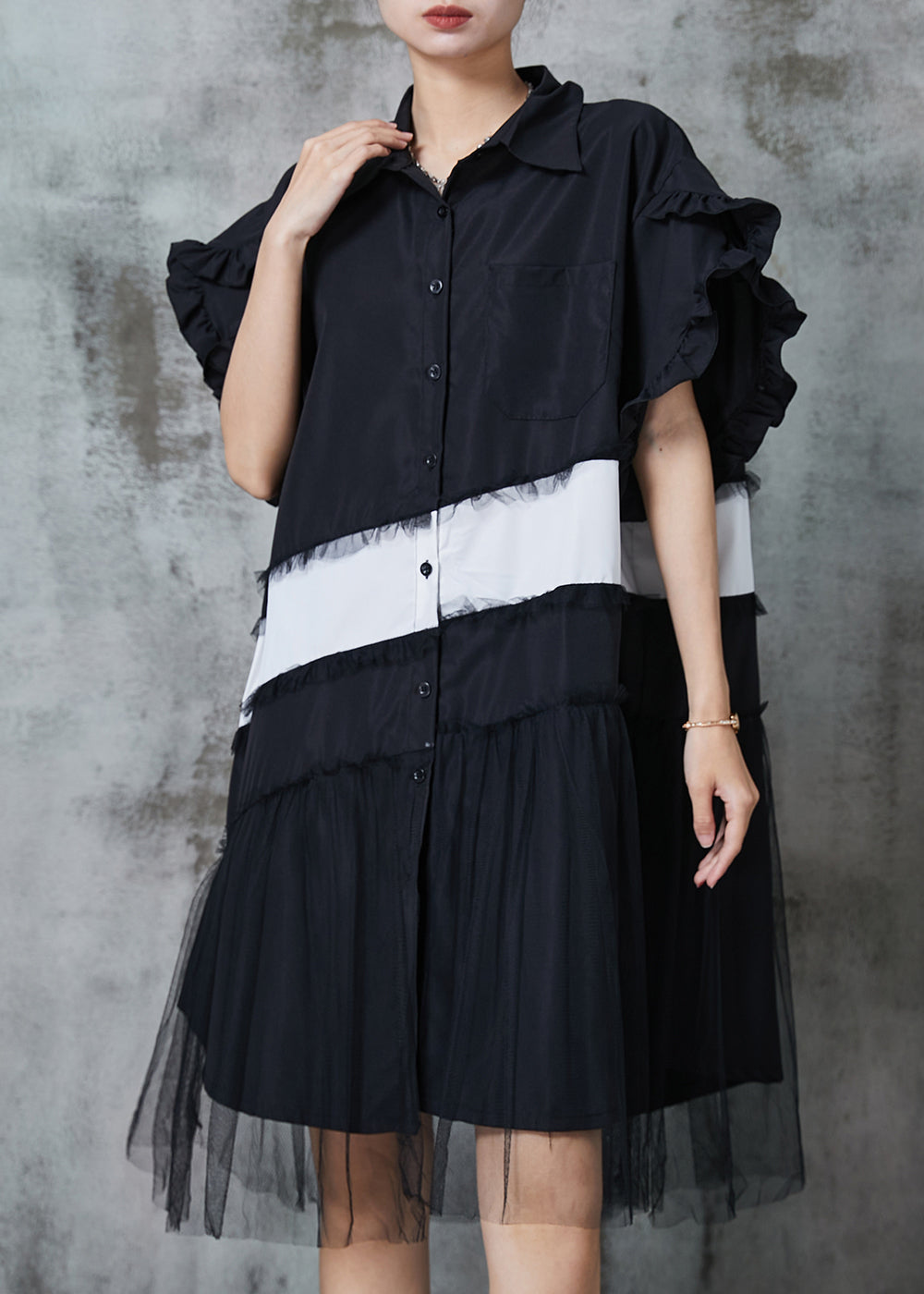Black Oversized Patchwork Cotton Dress Petal Sleeve