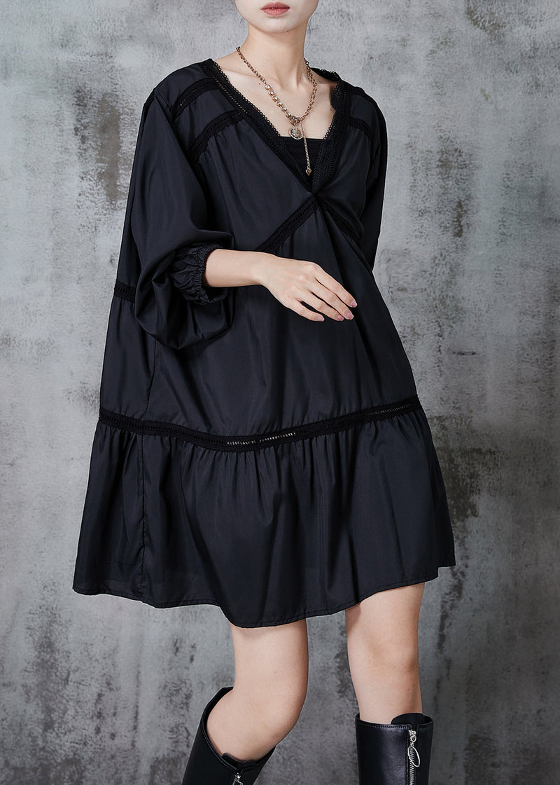 Black Oversized Patchwork Cotton Work Dress Fall