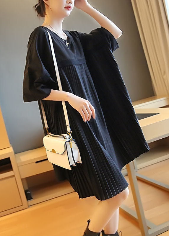 Black Oversized Patchwork Pleated Mid Dress Half Sleeve