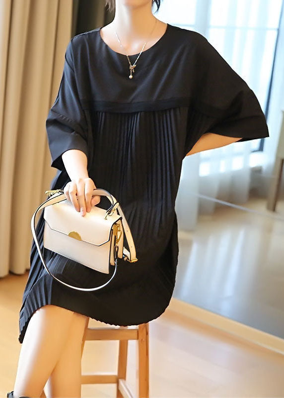 Black Oversized Patchwork Pleated Mid Dress Half Sleeve