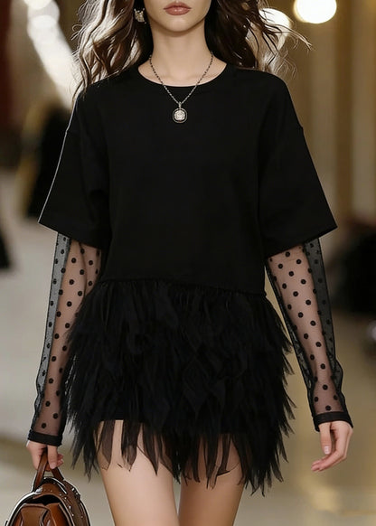 Black Oversized Patchwork Tulle Mini Dress Summer