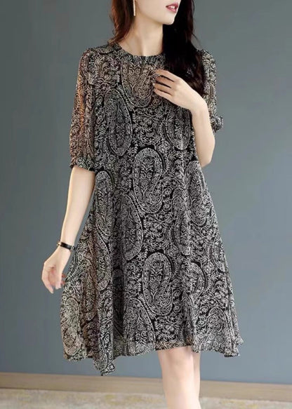Black Oversized Print Chiffon Tea Dress Summer