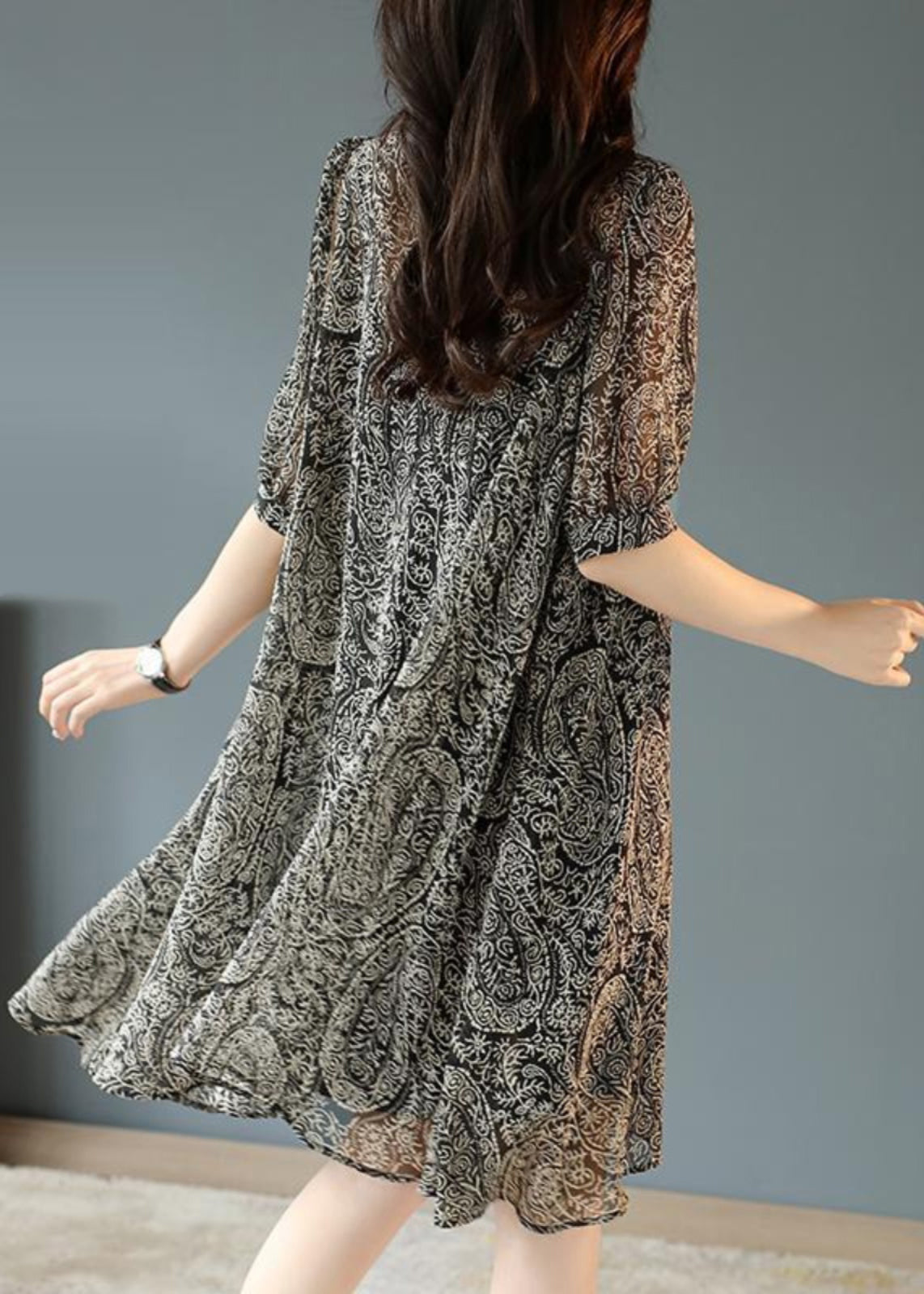 Black Oversized Print Chiffon Tea Dress Summer