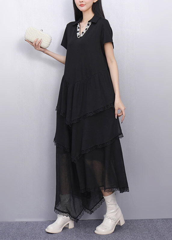 Black Peter Pan Collar Asymmetrical Long Cake Dress Short Sleeve