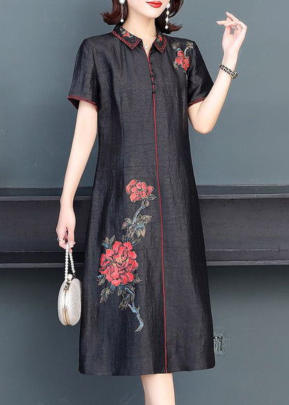 Black Peter Pan Collar Embroideried Silk Dress Summer