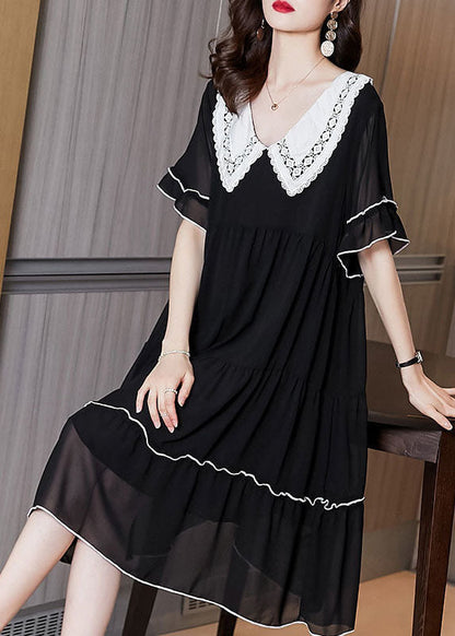 Black Peter Pan Collar Patchwork Chiffon Maxi Dresses Summer