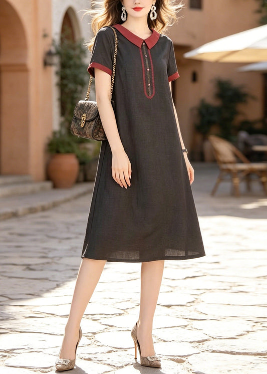 Black Peter Pan Collar Pockets Silk Dress Summer