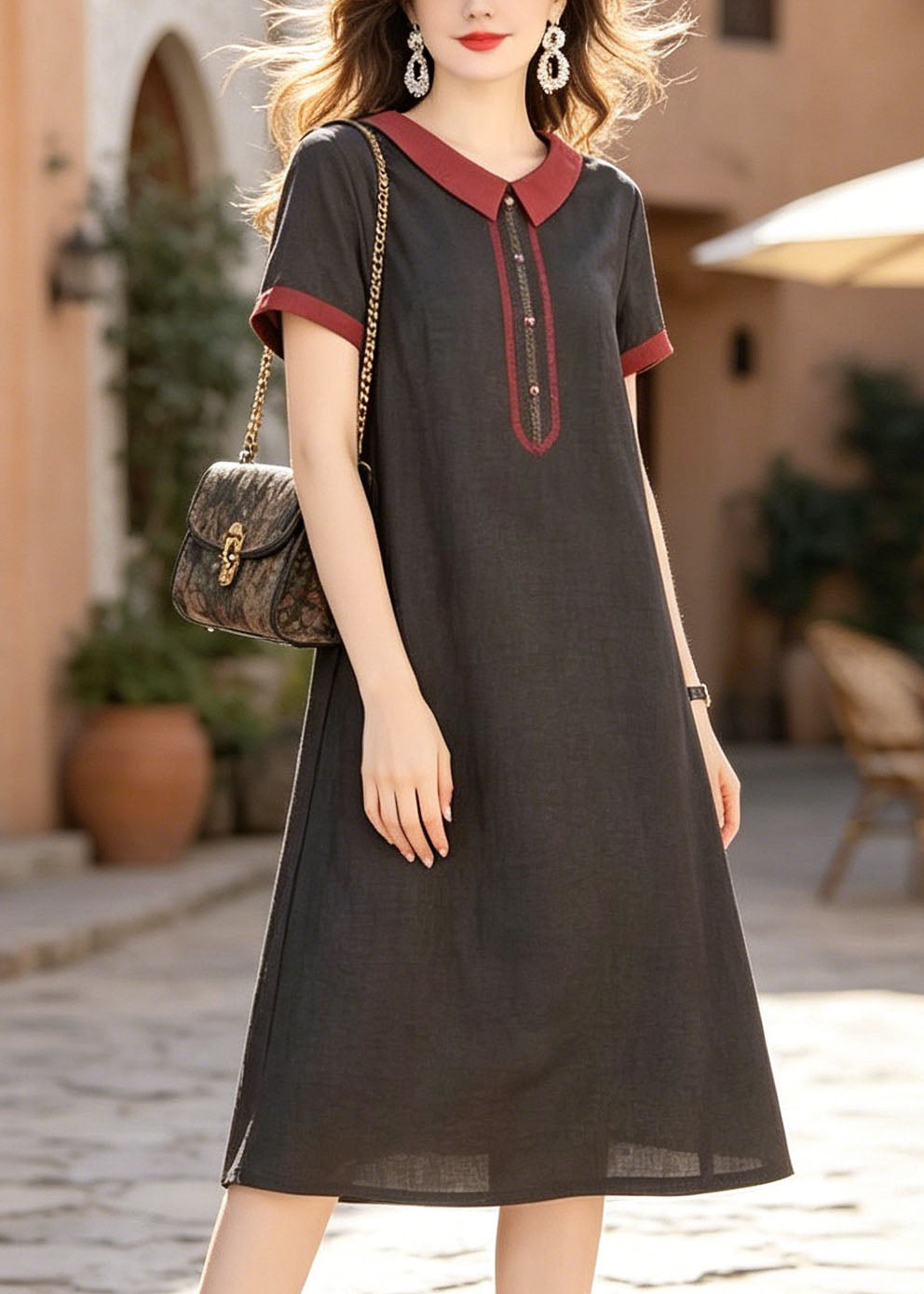 Black Peter Pan Collar Pockets Silk Dress Summer