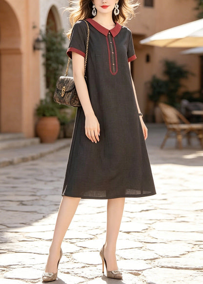 Black Peter Pan Collar Pockets Silk Dress Summer