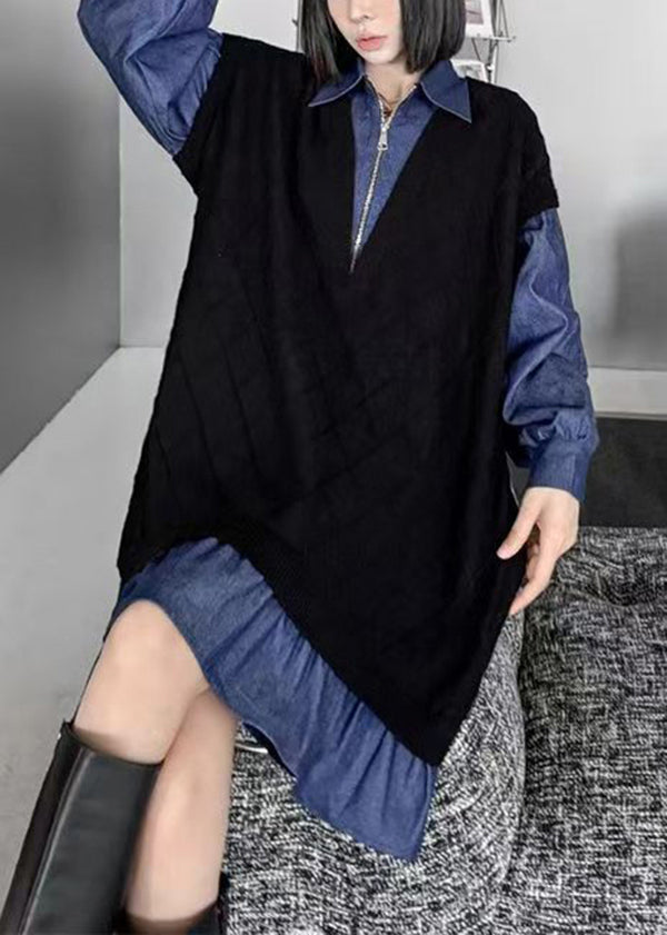 Black Peter Pan Collar Zippered Patchwork Denim Dresses Spring