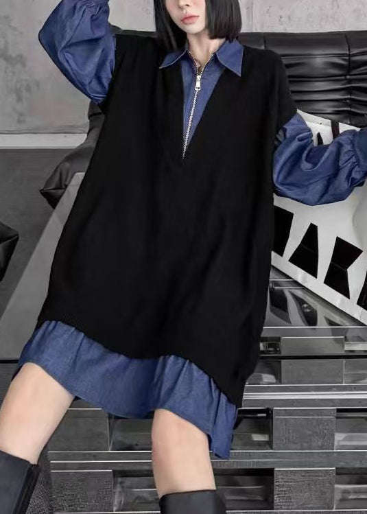 Black Peter Pan Collar Zippered Patchwork Denim Dresses Spring