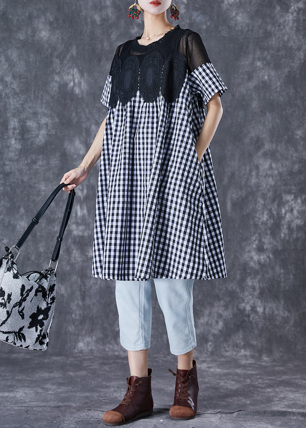 Black Plaid Patchwork Hollow Out Linen Dress Summer