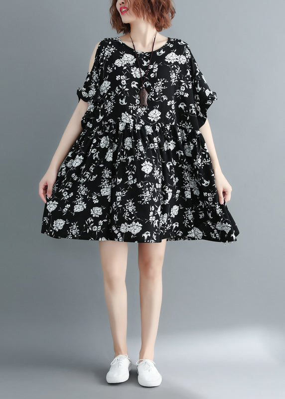 Black Print Cold Shoulder Cinched Holiday Dress Short Sleeve