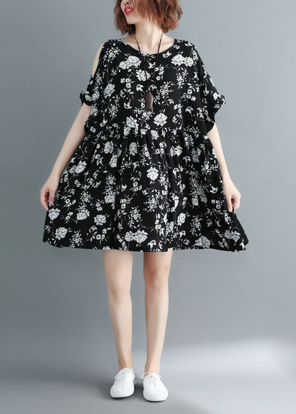 Black Print Cold Shoulder Cinched Holiday Dress Short Sleeve
