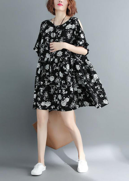 Black Print Cold Shoulder Cinched Holiday Dress Short Sleeve