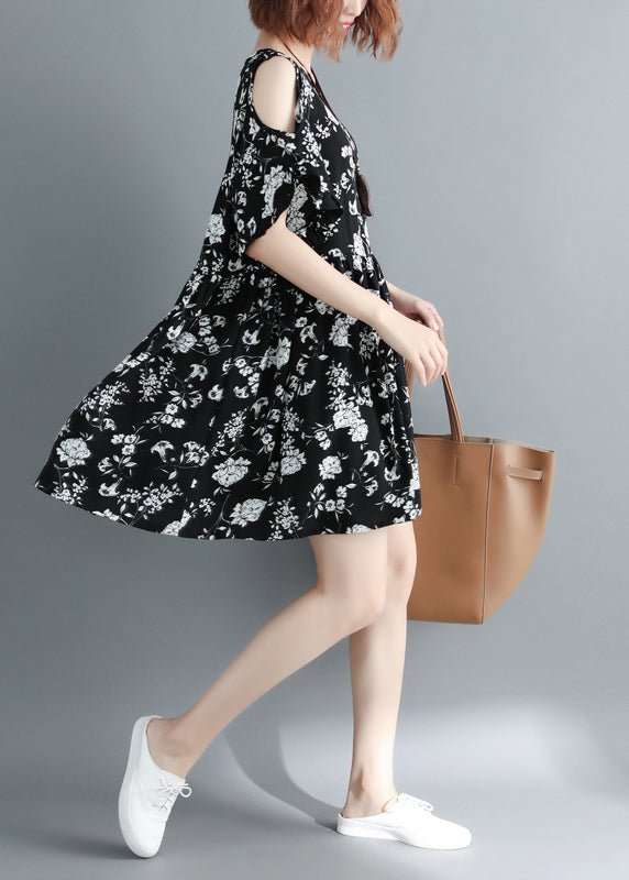 Black Print Cold Shoulder Cinched Holiday Dress Short Sleeve