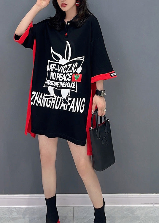 Black Print Patchwork Button Vacation Mid Dress Summer