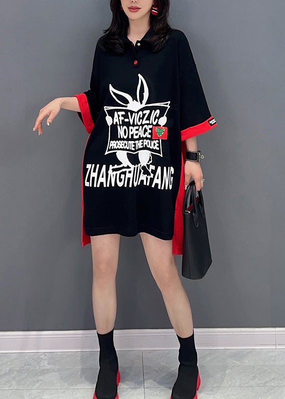 Black Print Patchwork Button Vacation Mid Dress Summer