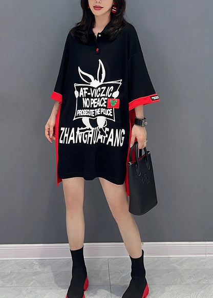 Black Print Patchwork Button Vacation Mid Dress Summer