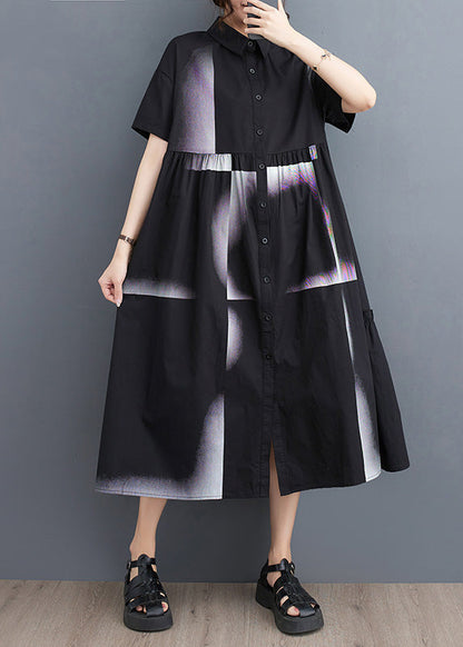 Black Print Patchwork Drawstring Button Maxi Dress Summer