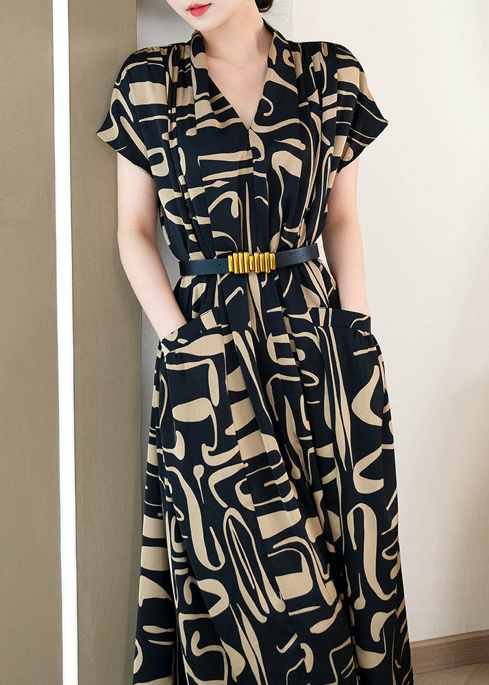 Black Print Silm Fit Chiffon Dress Summer