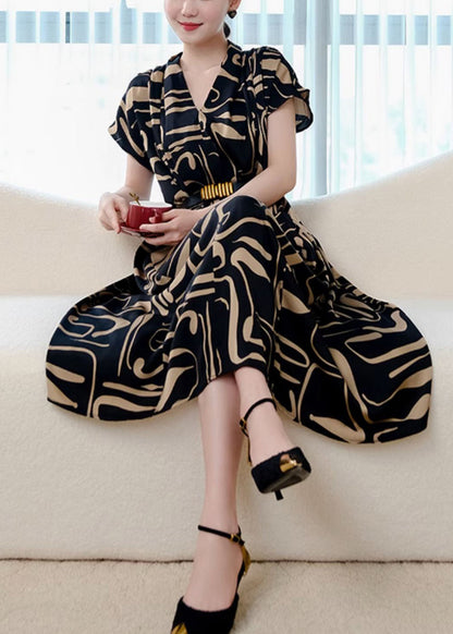 Black Print Silm Fit Chiffon Dress Summer