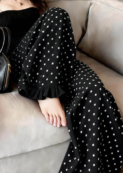 Black Ruffled Dot Print Wide Leg Pants Summer